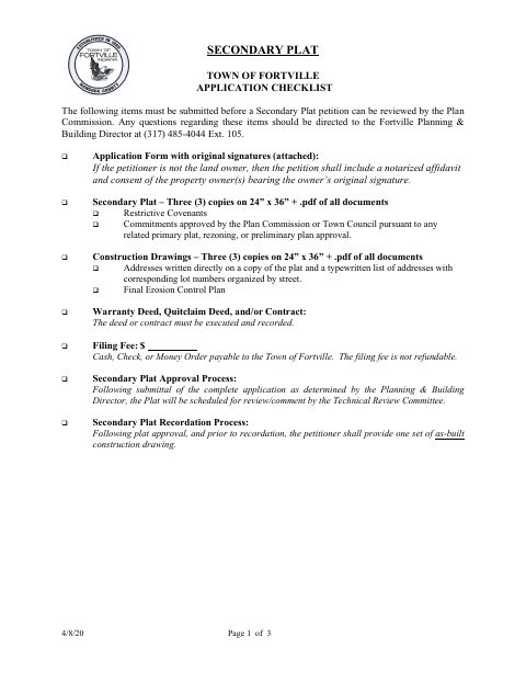 First page of the Secondary Plat Application