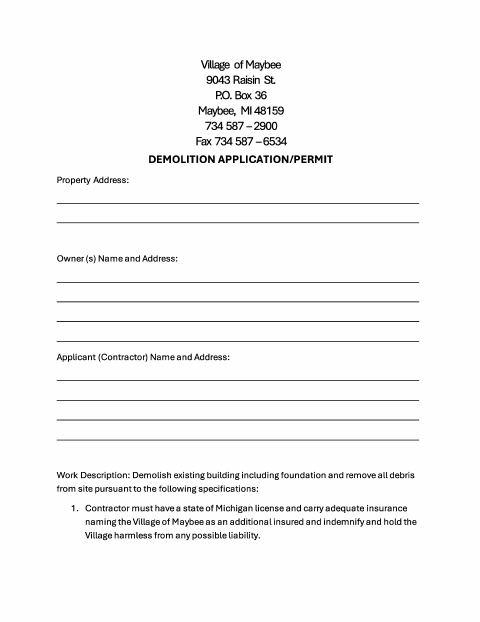 First page of the Demolition Permit Application