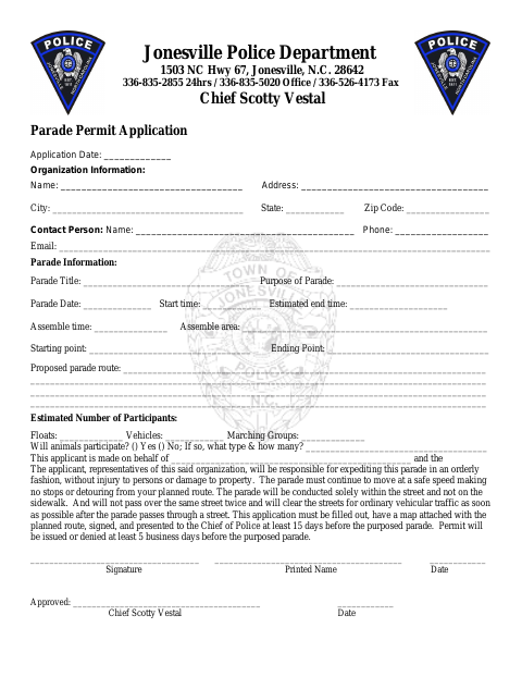 First page of the Parade Permit Application
