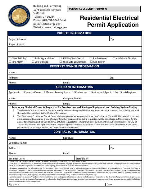 First page of the Residential Electrical Permit Application