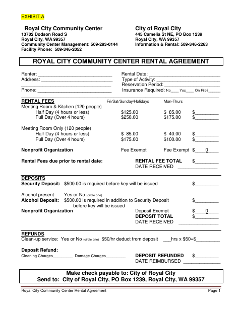 First page of the Community Center Rental Agreement