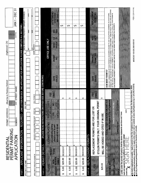 First page of the Residential Parking Permit Application
