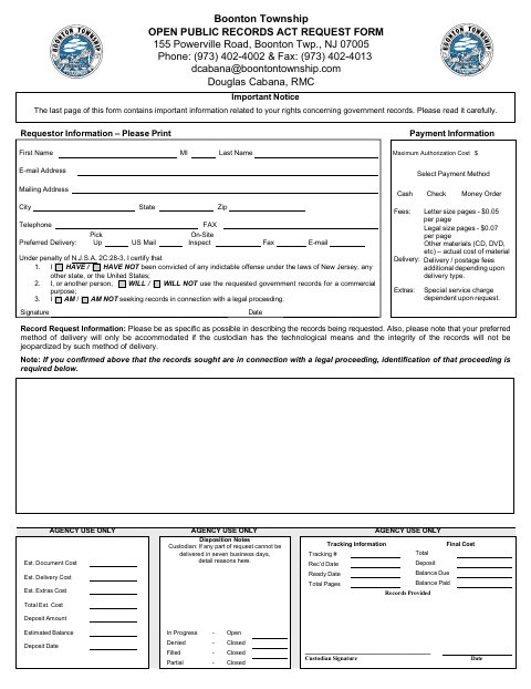 First page of the Open Public Records Act Request Form