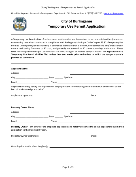 First page of the Temporary Use Permit Application