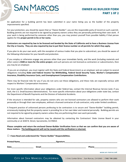 First page of the Owner-Builder Form