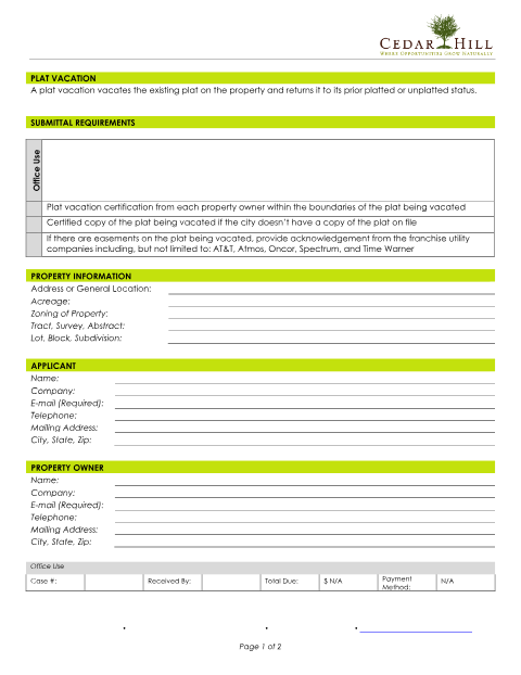 First page of the Plat Vacation Application