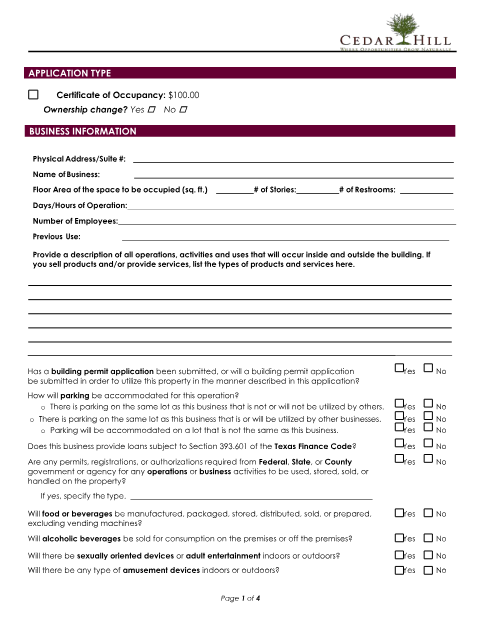 First page of the Certificate of Occupancy Application