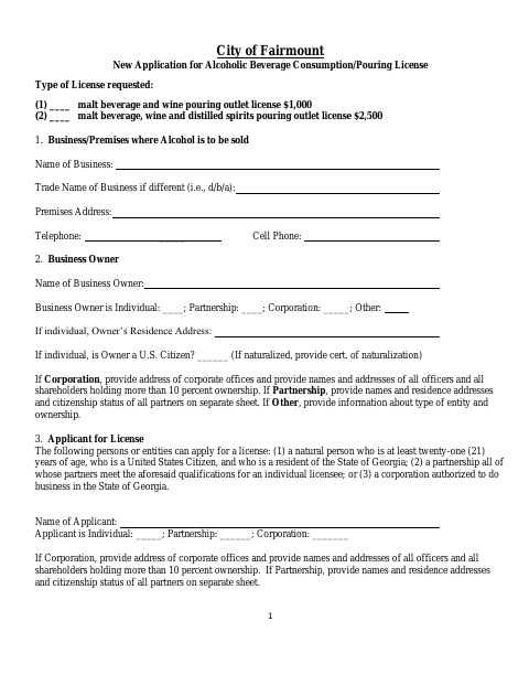 First page of the New Alcoholic Beverage Consumption/Pouring License Application