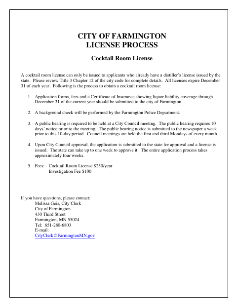 First page of the Cocktail Room License Application
