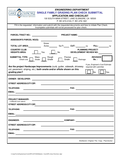 First page of the Single Family Grading Plan Check Submittal Application and Checklist