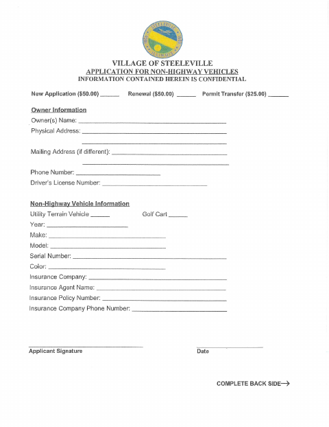 First page of the Application for Non-Highway Vehicles
