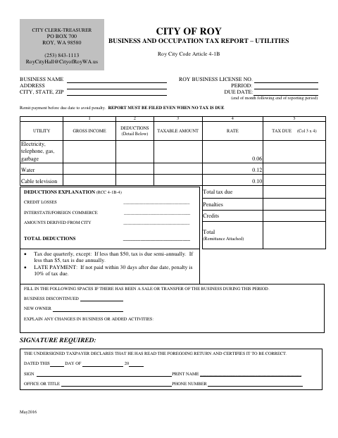First page of the Business and Occupation Tax Report – Utilities