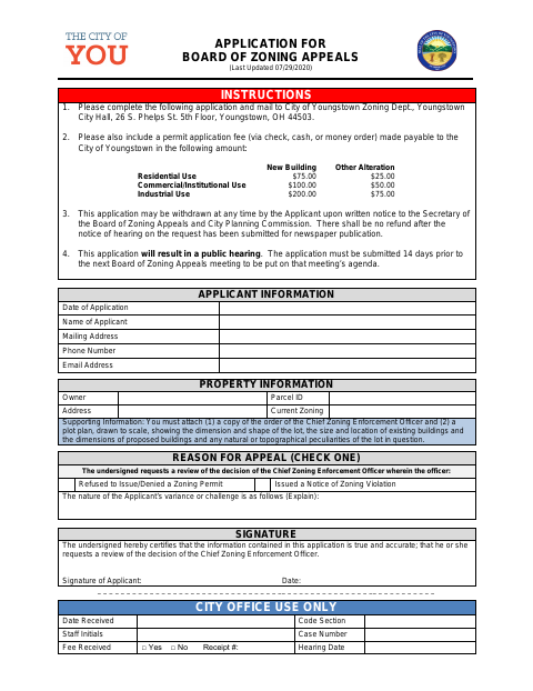 First page of the Zoning Board of Appeals Application