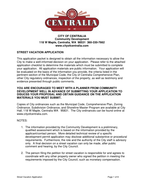 First page of the Street Vacation Application