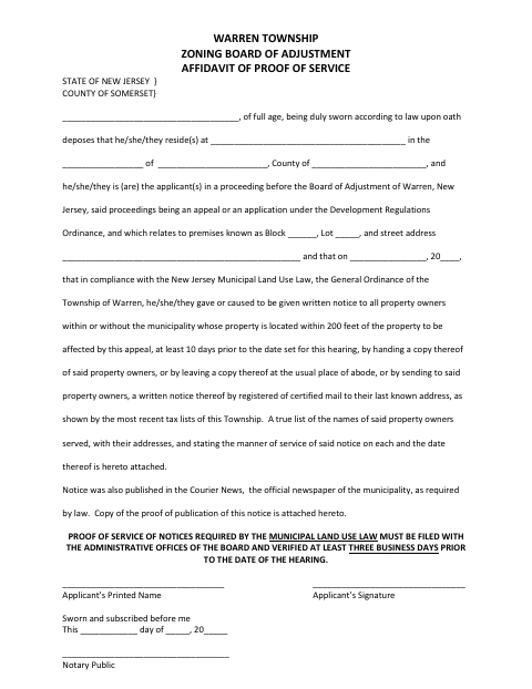 First page of the Zoning Board Affidavit of Proof of Service