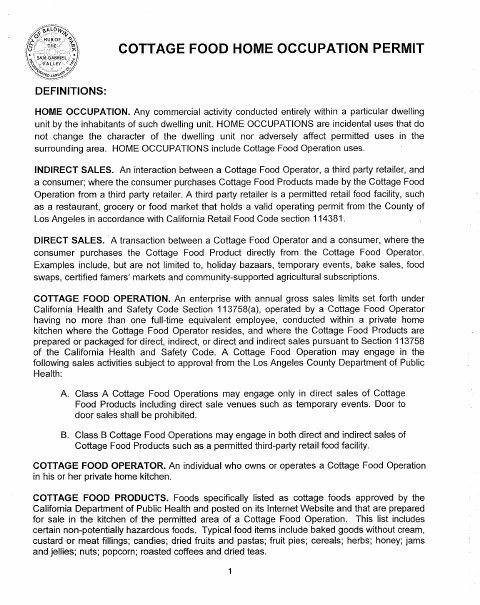 First page of the Cottage Food Home Occupation Permit Application