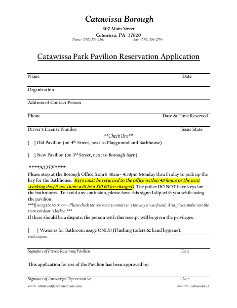 First page of the Park Pavilion Reservation Application