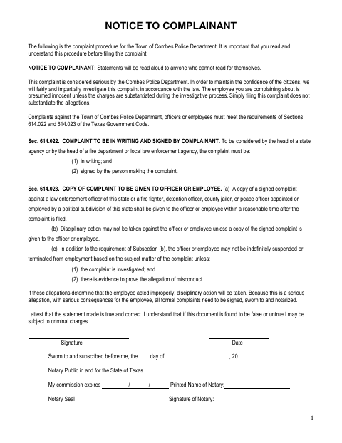 First page of the Citizen Complaint Form