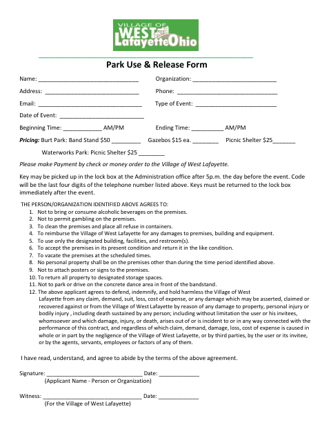 First page of the Park Use Release Form