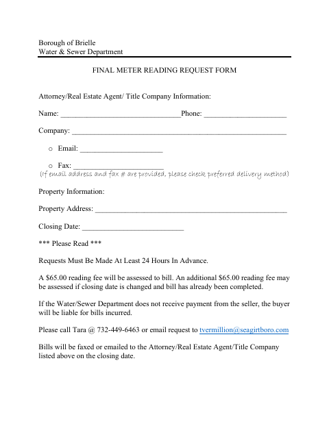 First page of the Final Meter Reading Request Form