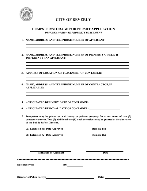 First page of the Dumpster/Storage Pod Permit Application