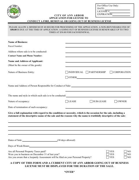 First page of the Application for License to Conduct a Going Out of Business Sale