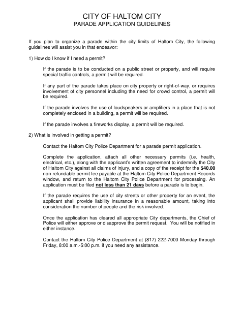 First page of the Parade Permit Application and Indemnity Agreement