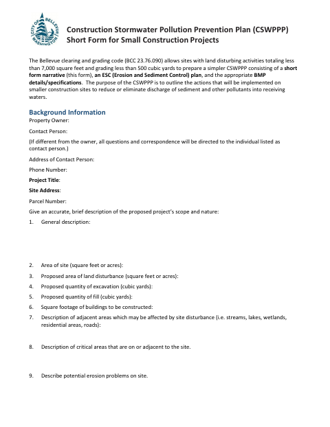 First page of the Construction Stormwater Pollution Prevention Plan Short Form