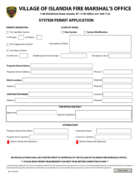First page of the Fire System Permit Application