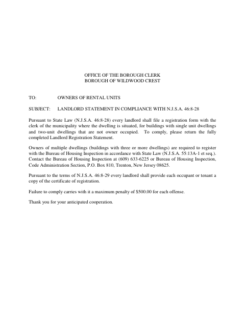 First page of the Landlord Registration Statement