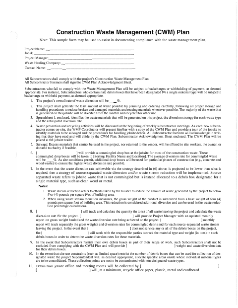 First page of the Construction Waste Management (CWM) Plan