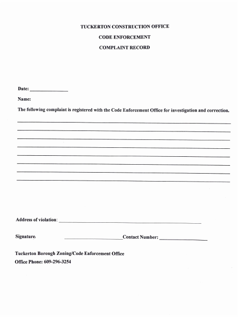 First page of the Code Enforcement Complaint Form