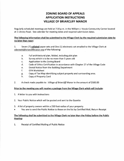 First page of the Zoning Board of Appeals Application