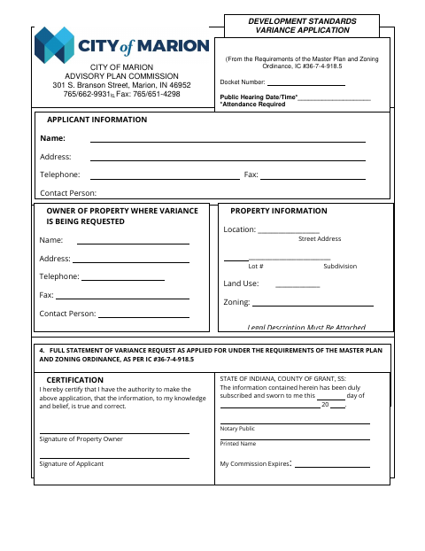 First page of the Development Standards Variance Application