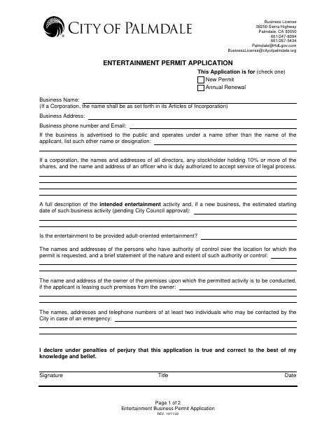 First page of the Entertainment Business Permit Application