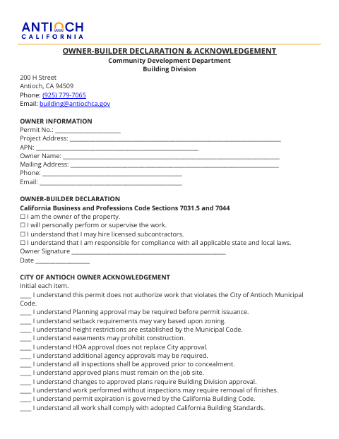 First page of the Licensed Contractor / Owner-Builder Declaration
