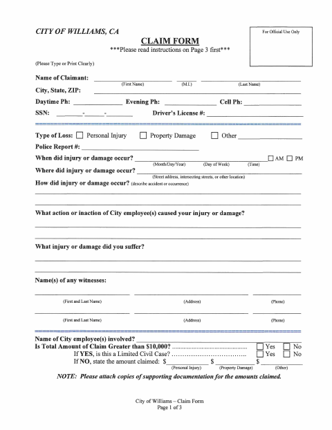 First page of the Claim Form
