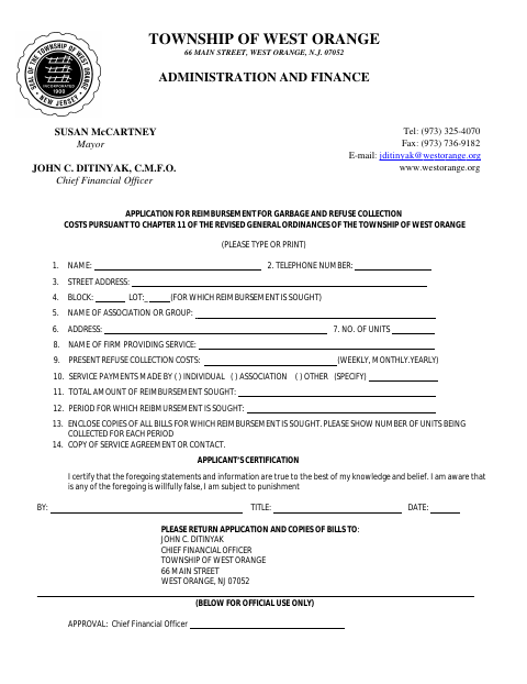 First page of the Application for Reimbursement for Garbage and Refuse Collection Costs