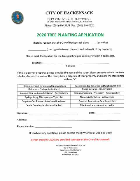 First page of the 2026 Tree Planting Application