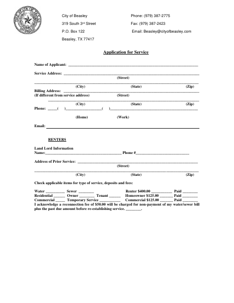 First page of the Water and Sewer Service Application