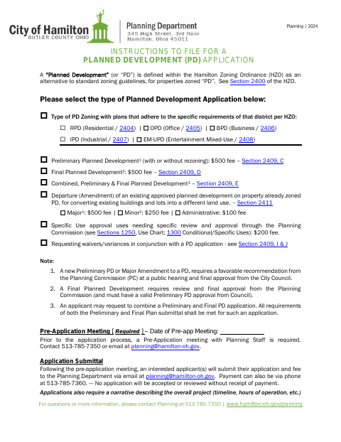 First page of the Planned Development (PD) Application