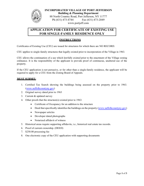 First page of the Application for Certificate of Existing Use for Single-Family Residence Only