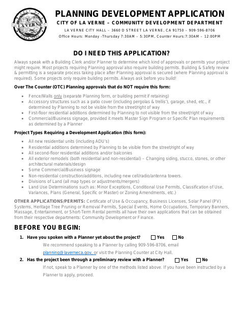 First page of the Planning Development Application