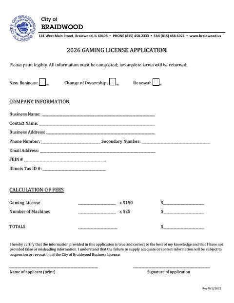 First page of the Gaming License Application