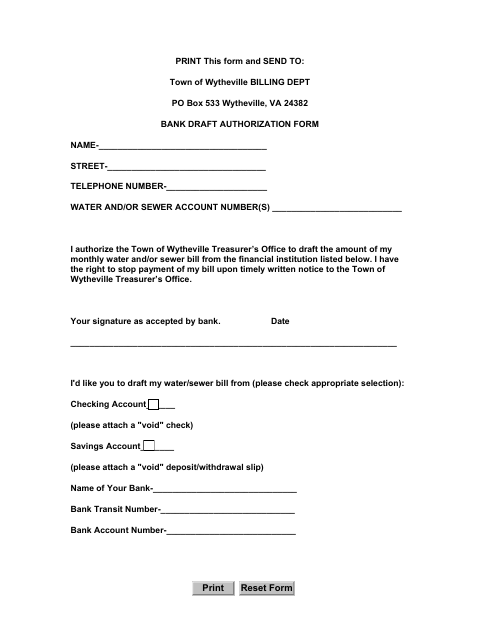 First page of the Bank Draft Authorization Form