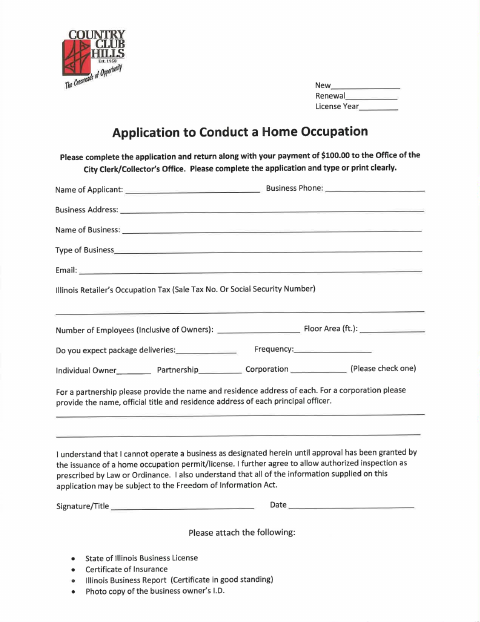 First page of the Home Occupation License Application