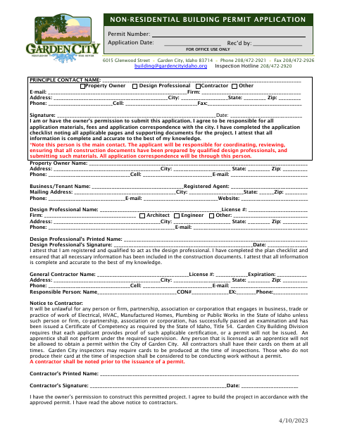 First page of the Non-Residential Building Permit Application