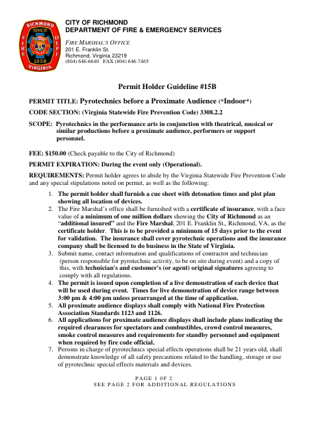 First page of the Indoor Proximate Audience Pyrotechnics Permit Application