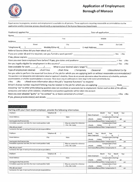 First page of the Borough Employment Application