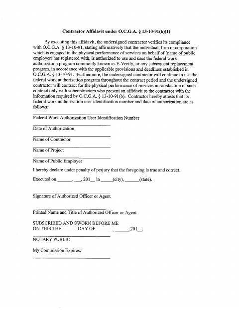 First page of the Contractor Affidavit